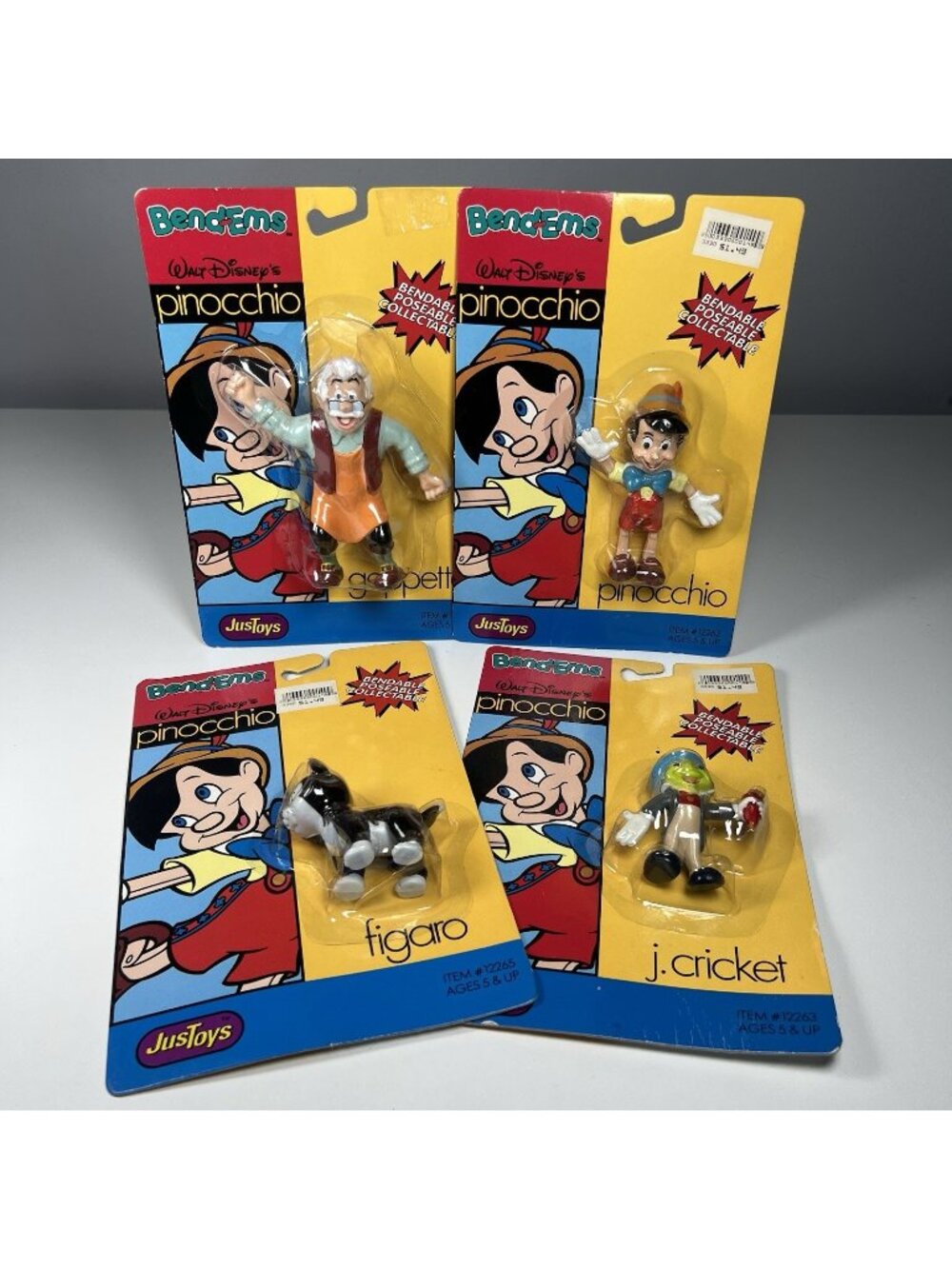 Vintage Disney Pinocchio Bend-Ems Lot 4 JusToys Sealed Figures Jiminy Geppetto